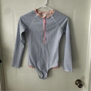 Ruffle Butts Girls 12 Long Sleeve Rash Guard Swimsuit Pink Blue Seersucker